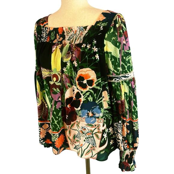 Anthropologie Lil Sire Puff Sleeved Smocked Floral Sheer Blouse Black Small - Picture 6 of 9